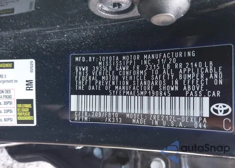 2021 Toyota Corolla Le z USA, uszkodzony, nr VIN 5YFEPMAE5MP190845